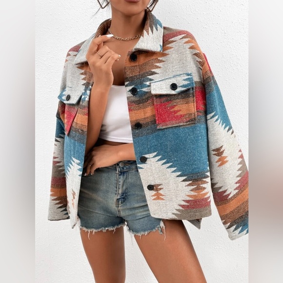 NWOT SHEIN Lune Multicolour Geo Print Drop Shoulder Flap Pocket Overcoat Size S - Picture 6 of 15